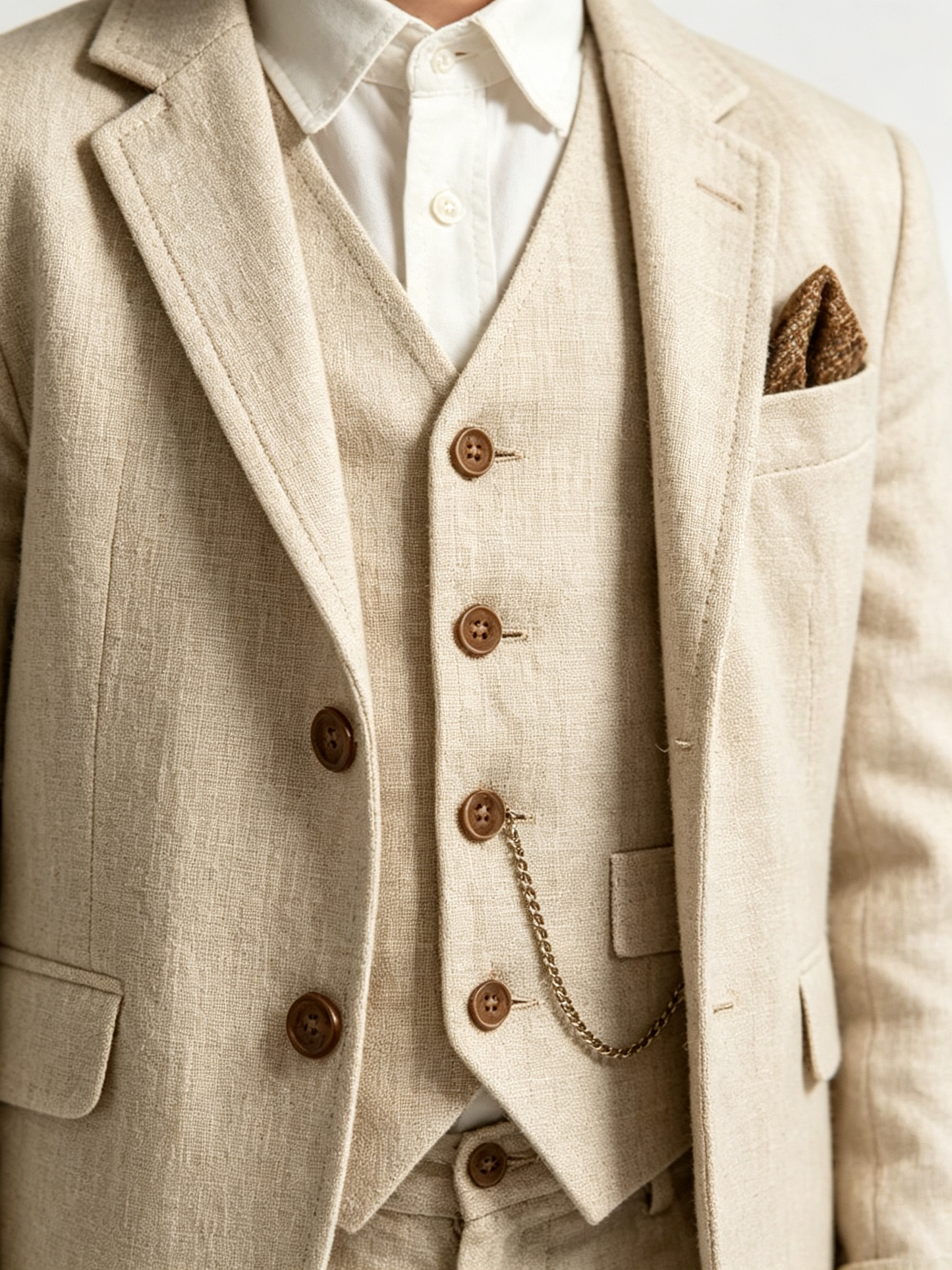 Beige Cotton‑Linen Blend Single‑Breasted Blazer 3‑Piece Suit