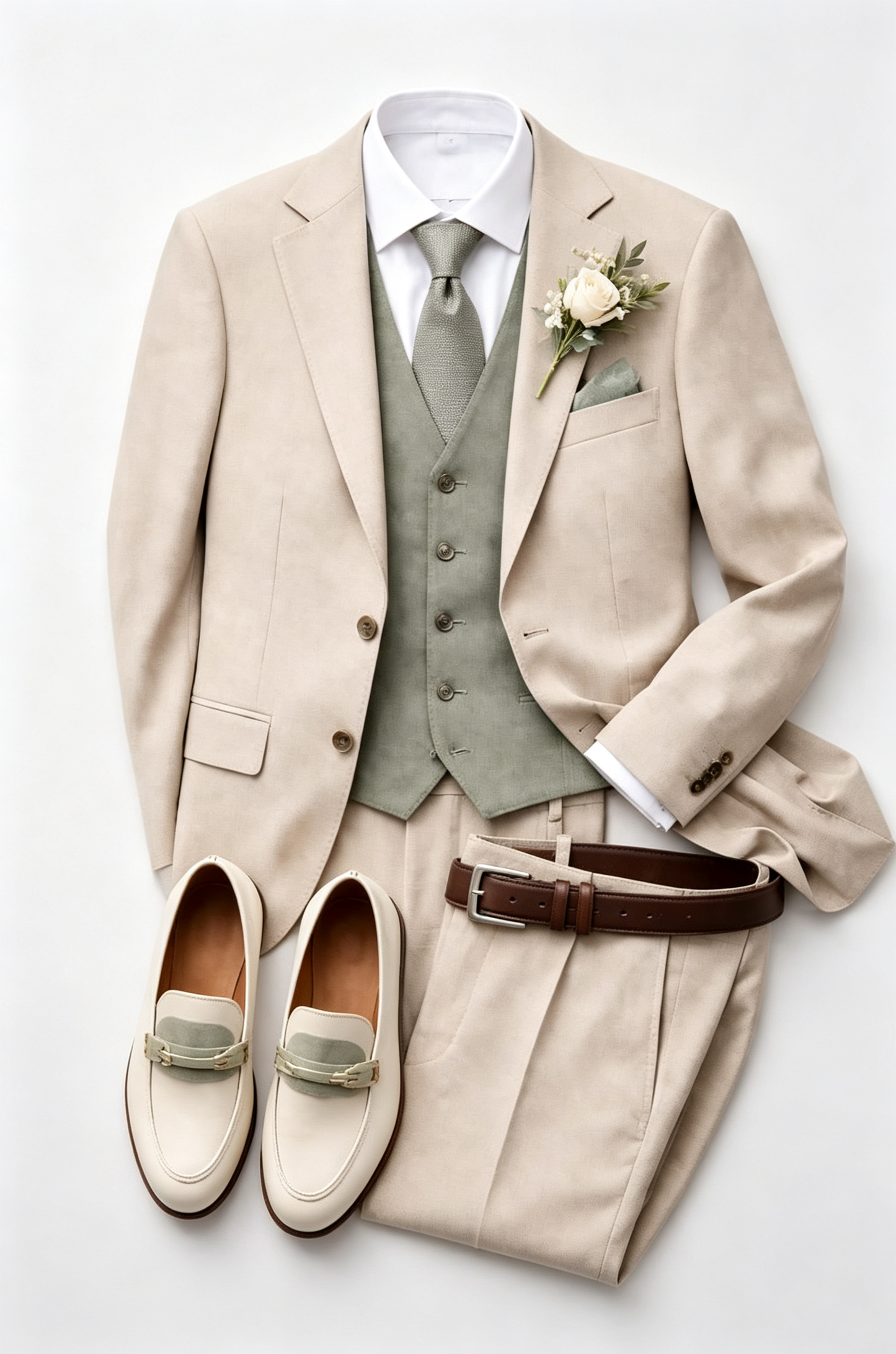 Beige & Sage‑Green Cotton‑Linen Blend Single‑Breasted Contrast Waistcoat 3‑Piece Suit