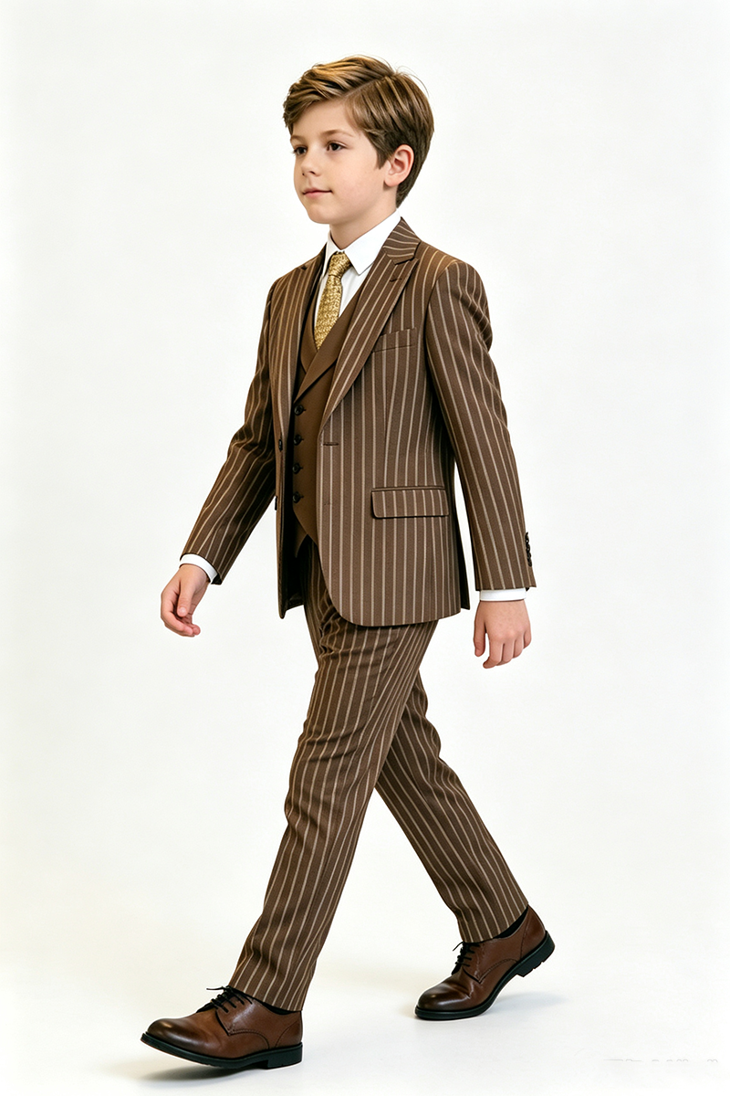 Boys Brown Pinstrip 3-Piece Suit for Weddings