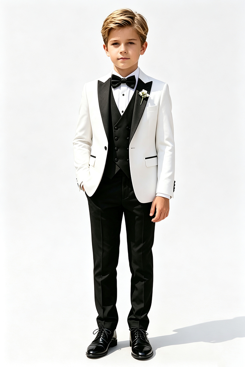 Boys White Tuxedo with Black Shawl Lapel 3-Piece Suit for Weddings