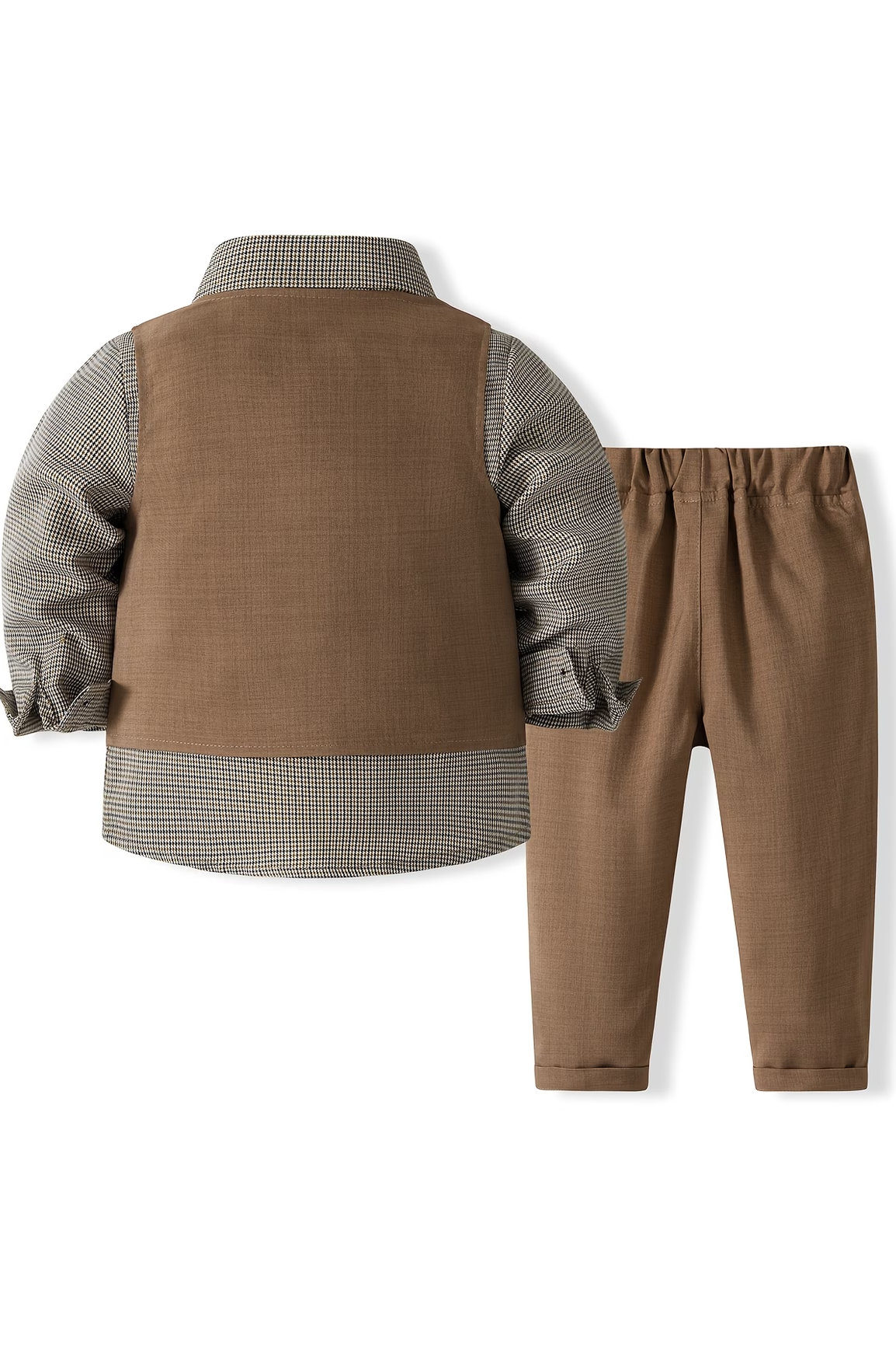 Brown Cotton‑Linen Blend V‑Neck Double‑Breasted Waistcoat 2‑Piece Suit Set