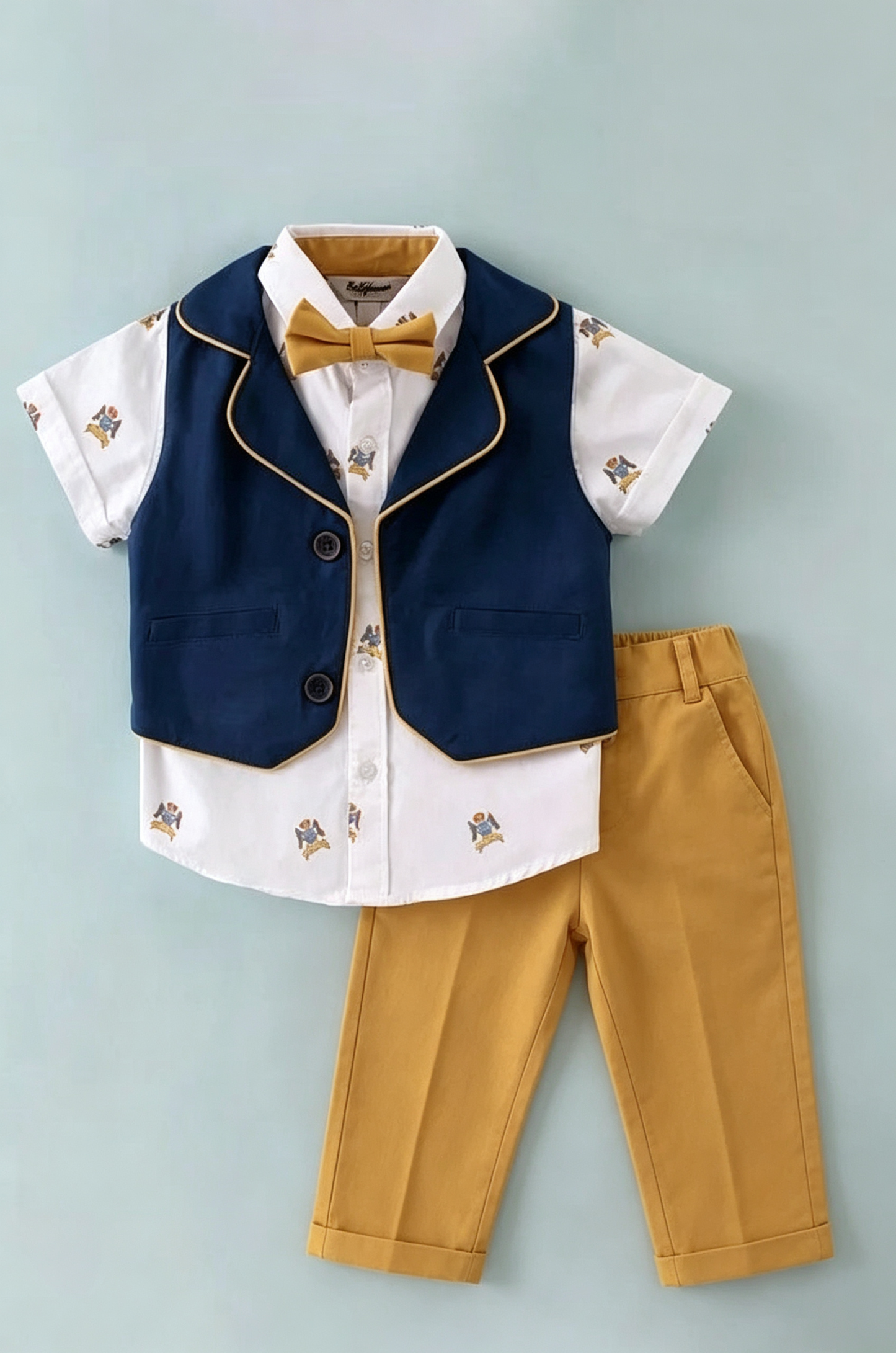 Navy‑Blue & Mustard‑Yellow Cotton‑Linen Blend Waistcoat 2‑Piece Suit Set