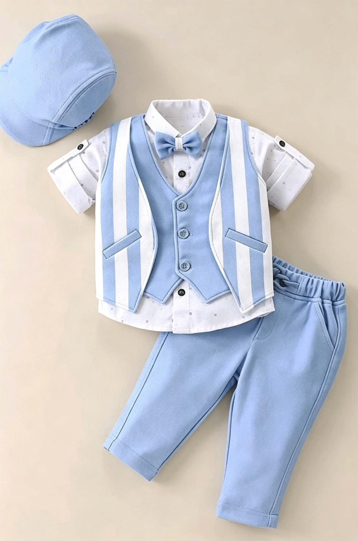 Sky‑Blue & White Contrast‑Stripe Faux‑Layer Single‑Breasted Waistcoat 2‑Piece Suit Set