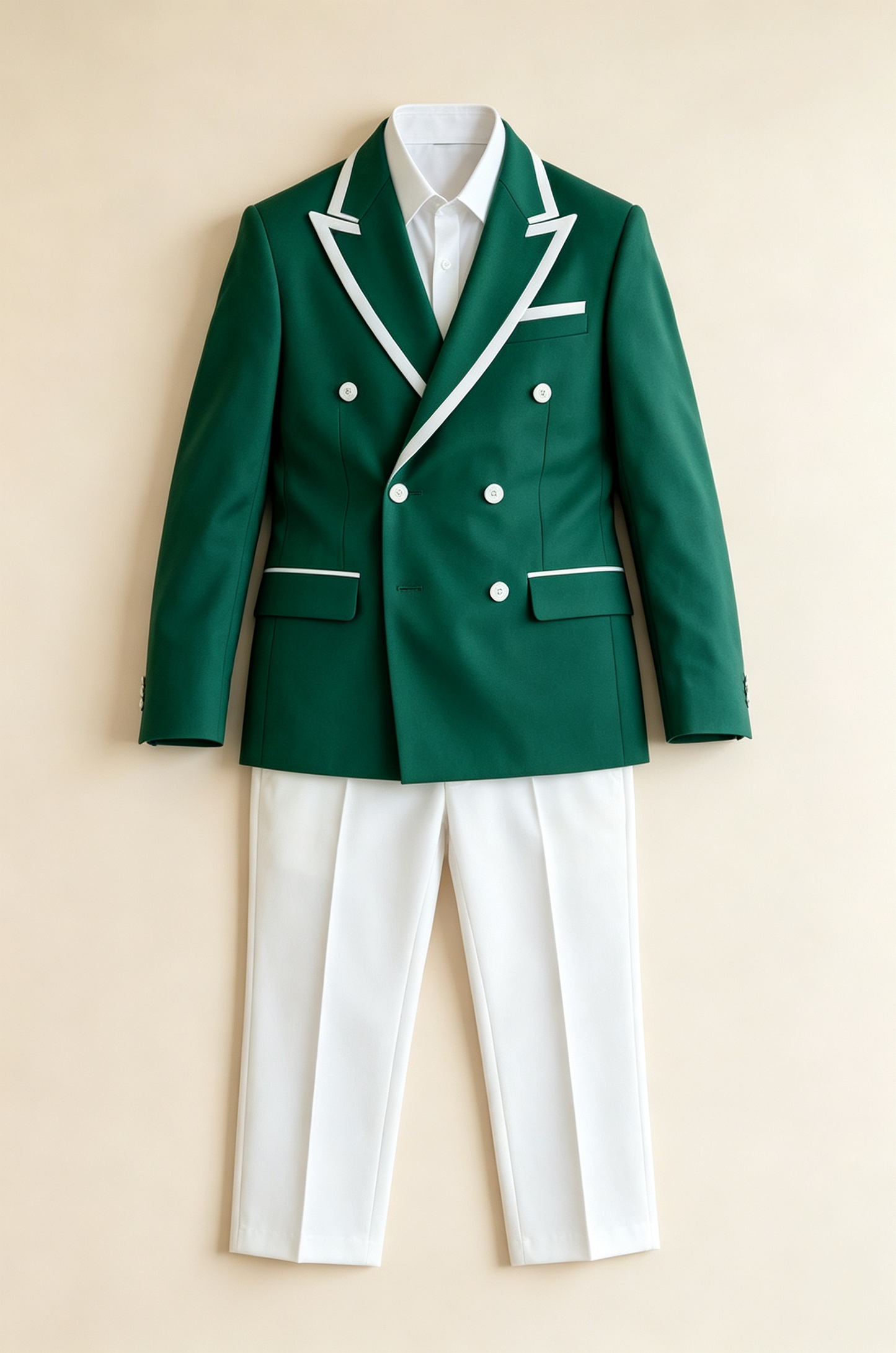 Deep Green & White‑Piping Contrast Trim Double‑Breasted Suit Blazer