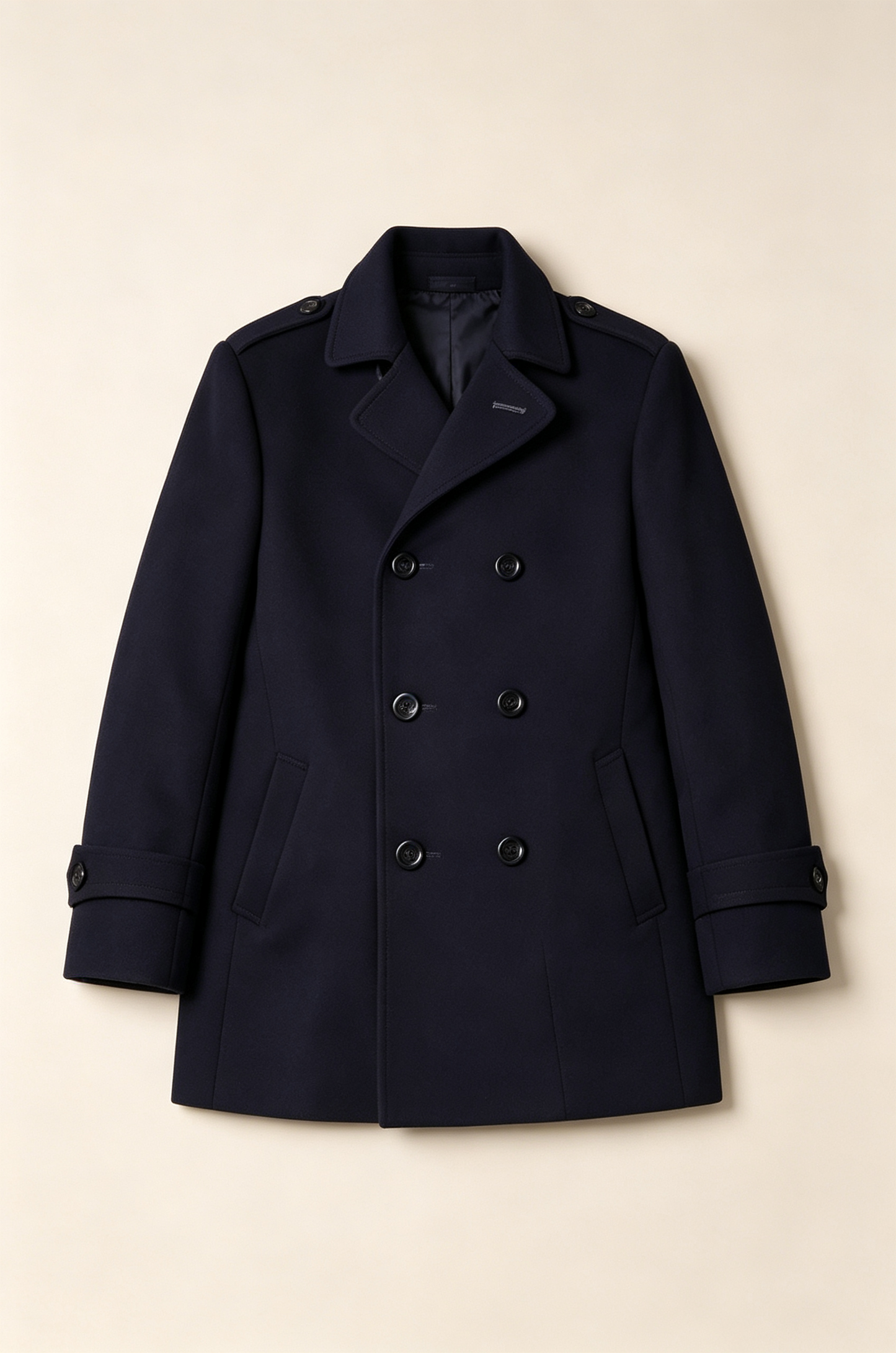 Navy‑Blue Blend Short Double‑Breasted Formal Overcoat