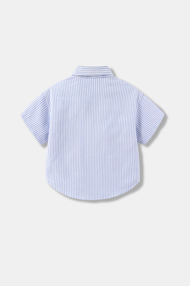 Light‑Blue Striped Cotton Short‑Sleeve Dress Shirt with Black Tie