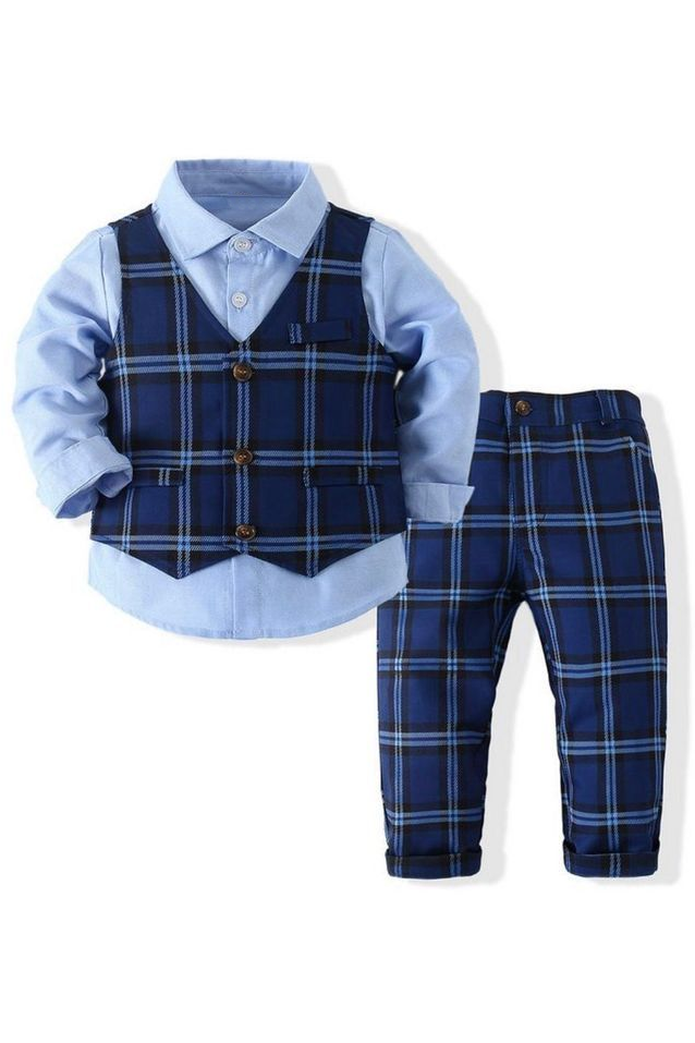 Navy Blue Plaid V‑Neck Single‑Breasted 2‑Piece Waistcoat Suit Set