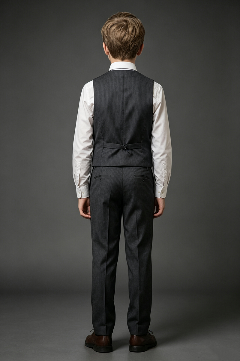 Boys Dark Grey Pinstripe Waistcoat & Trousers 2-Piece Suit for Wedding