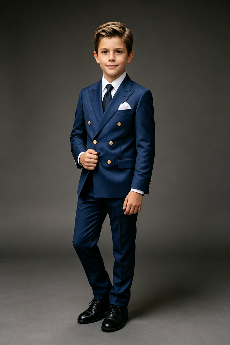 Boys Navy Blue Double‑Breasted Peak Lapel 2-Piece Suit for Weddings