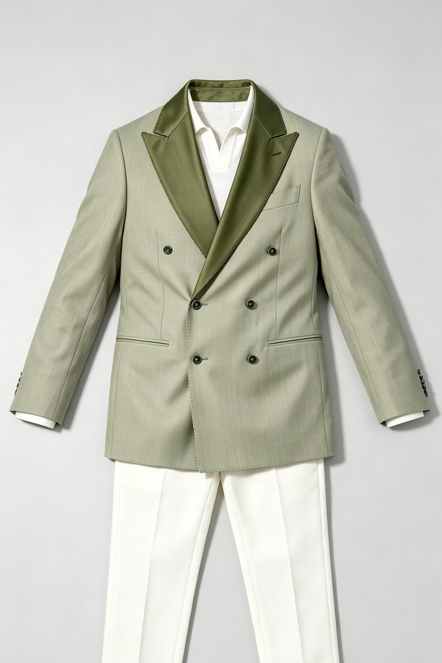 Sage Green Cotton‑Linen Blend Double‑Breasted Contrast Lapel Blazer