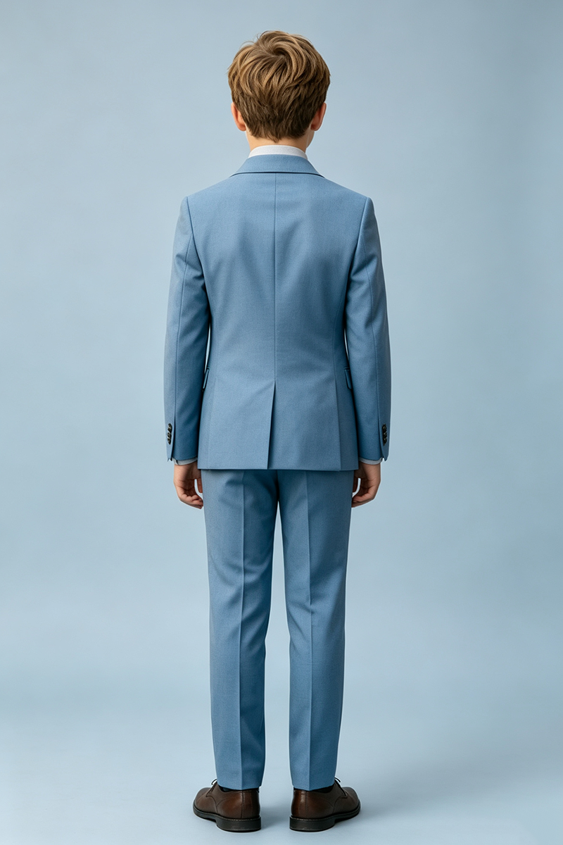 Boys Light Blue Double‑Breasted Two‑Piece Suit for Weddings with Peak Lapel