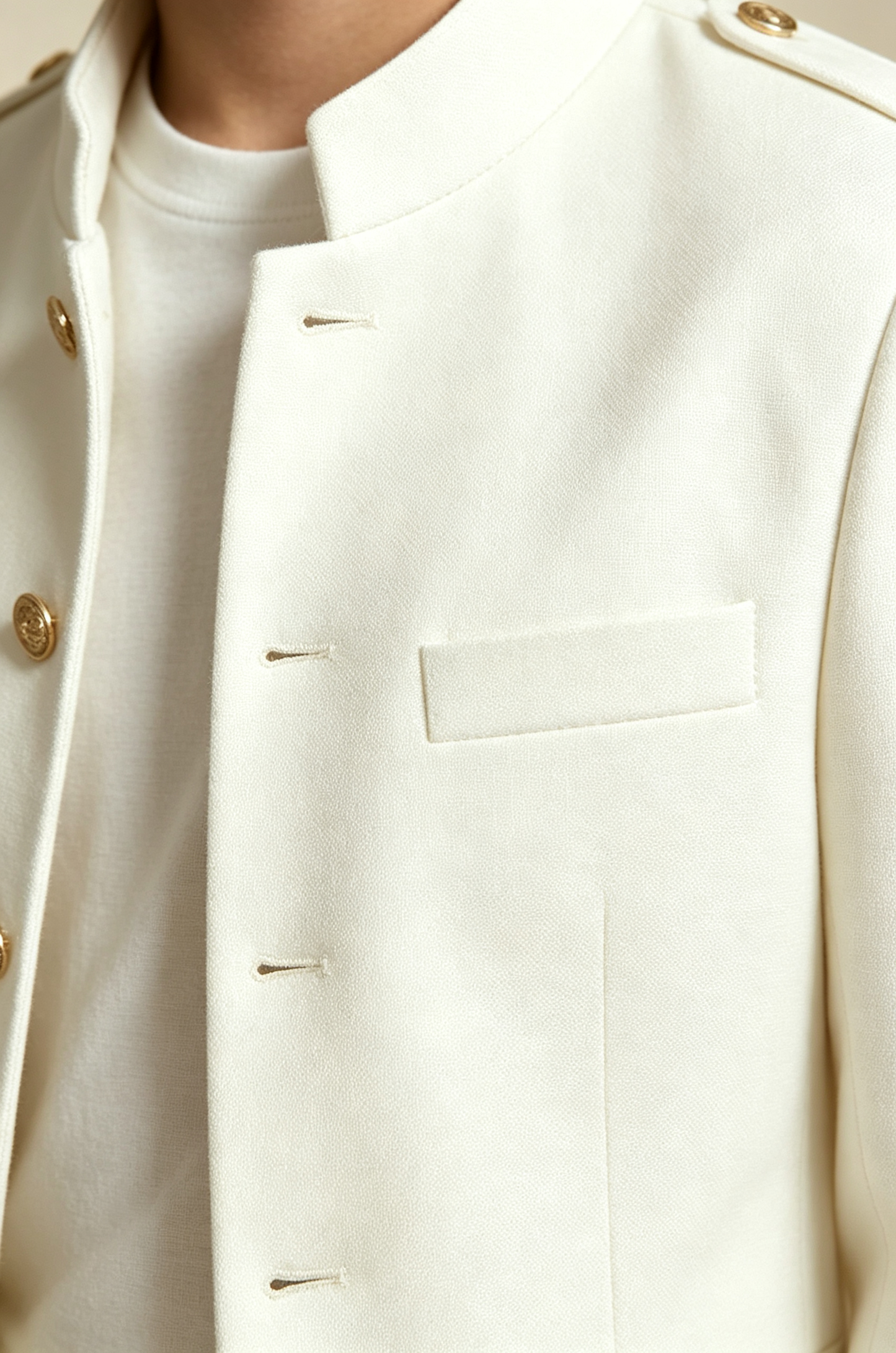 Cream White Mandarin Collar Gold Single‑Breasted 2‑Piece Suit