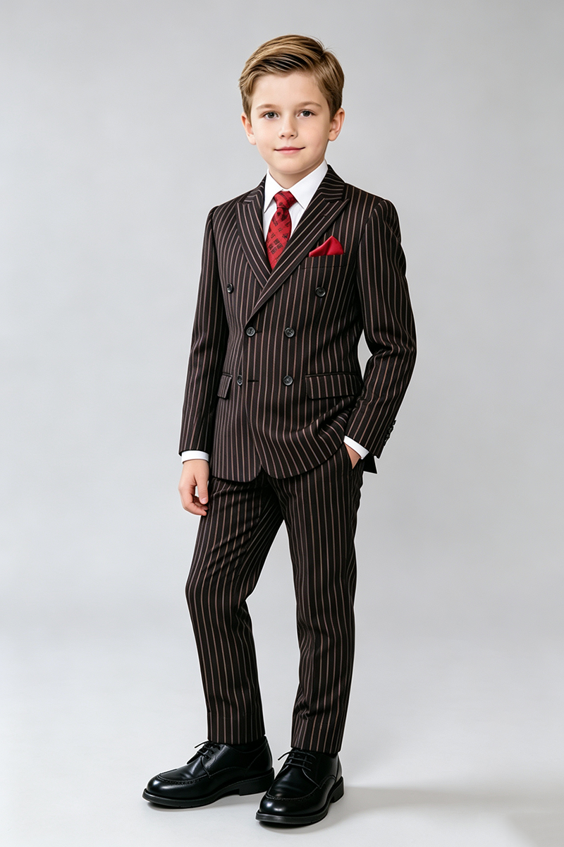 Boys Striped Double‑Breasted 2‑Piece Suit for Weddings with Peak Lapel