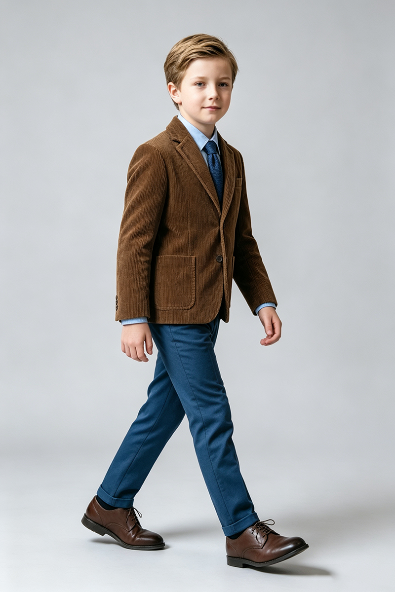 Boys Brown Corduroy 2‑Piece Suit for Weddings with Notch Lapel