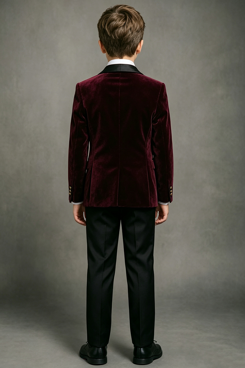 Boys Burgundy Velvet with Satin Shawl Lapel 3-Piece Suit for Weddings