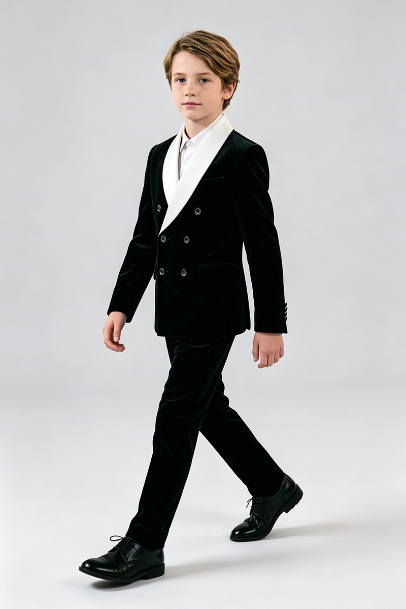 Boys Black Velvet with Contrast White Shawl Lapel 2‑Piece Suit for Weddings