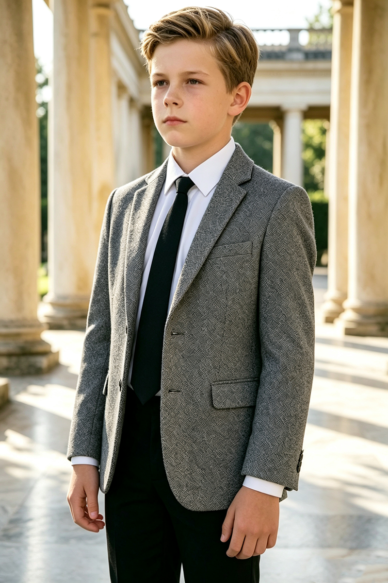 Boys Grey Herringbone 2‑Piece Suit for Weddings