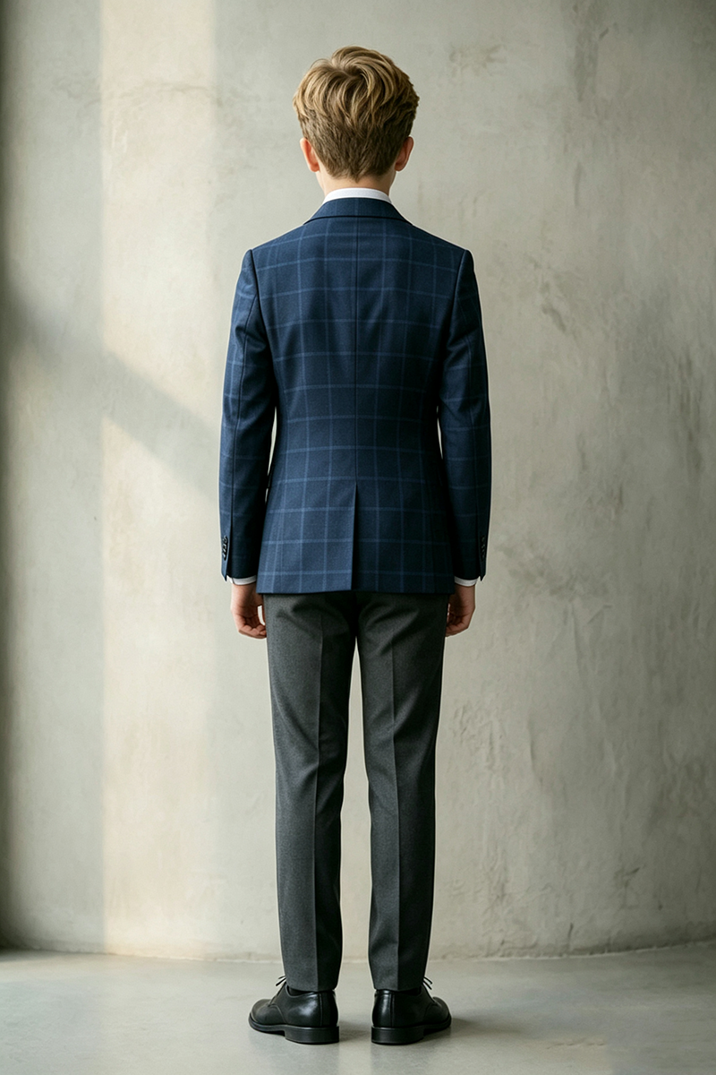 Boys Navy Plaid 2‑Piece Suit for Weddings with Refined Check Pattern