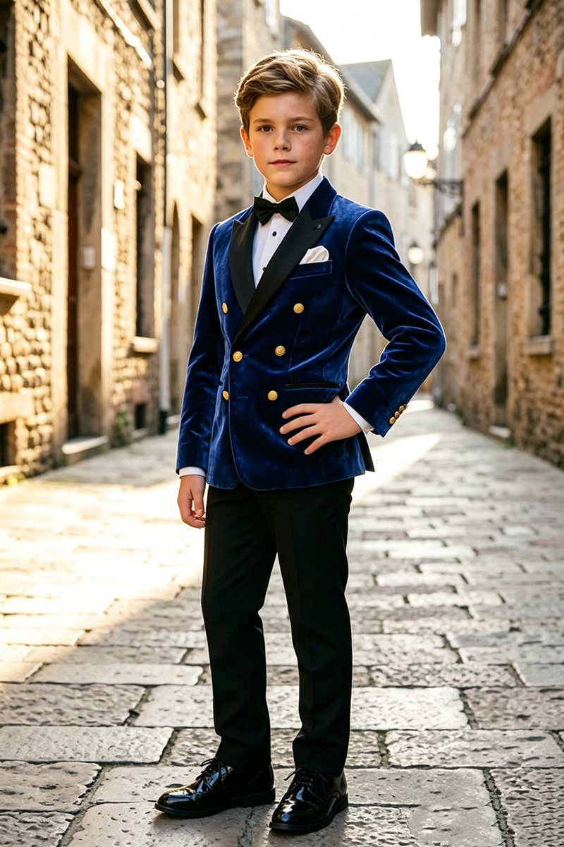 Boys Navy Blue Velvet 2‑Piece Suit for Weddings