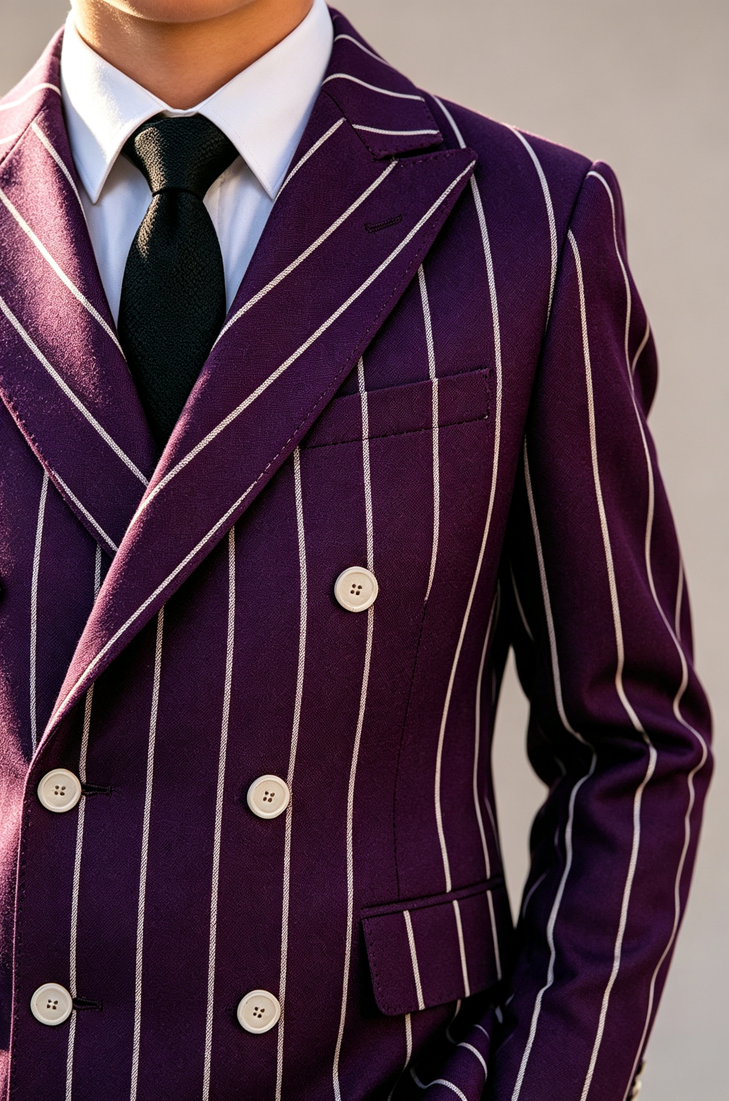 Deep Purple & White Pinstripe Blend Double‑Breasted Boys Suit 2‑Piece Set