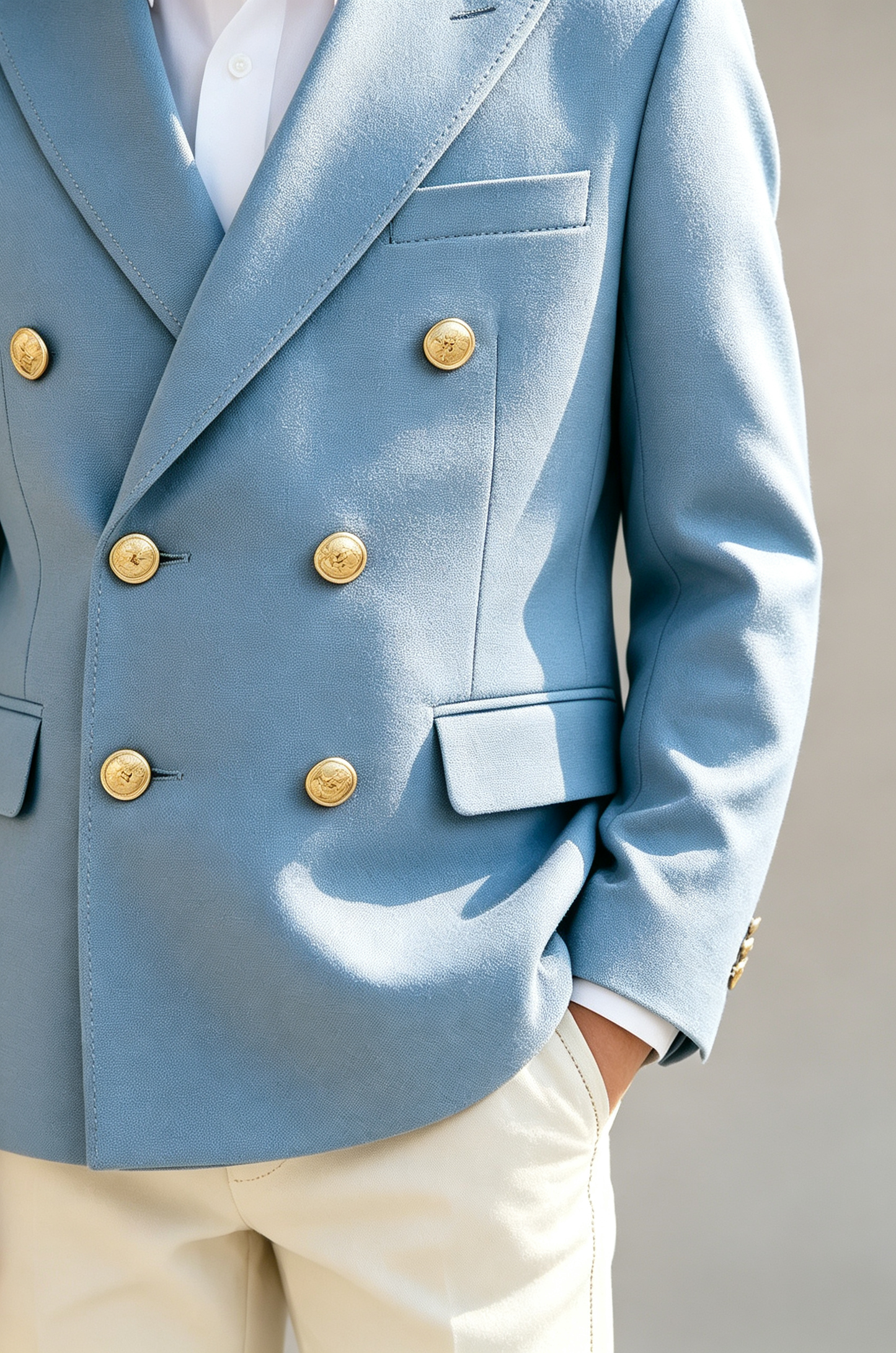 Sky‑Blue & Off‑White Color Block Blend Double‑Breasted Boys Suit 2‑Piece Set