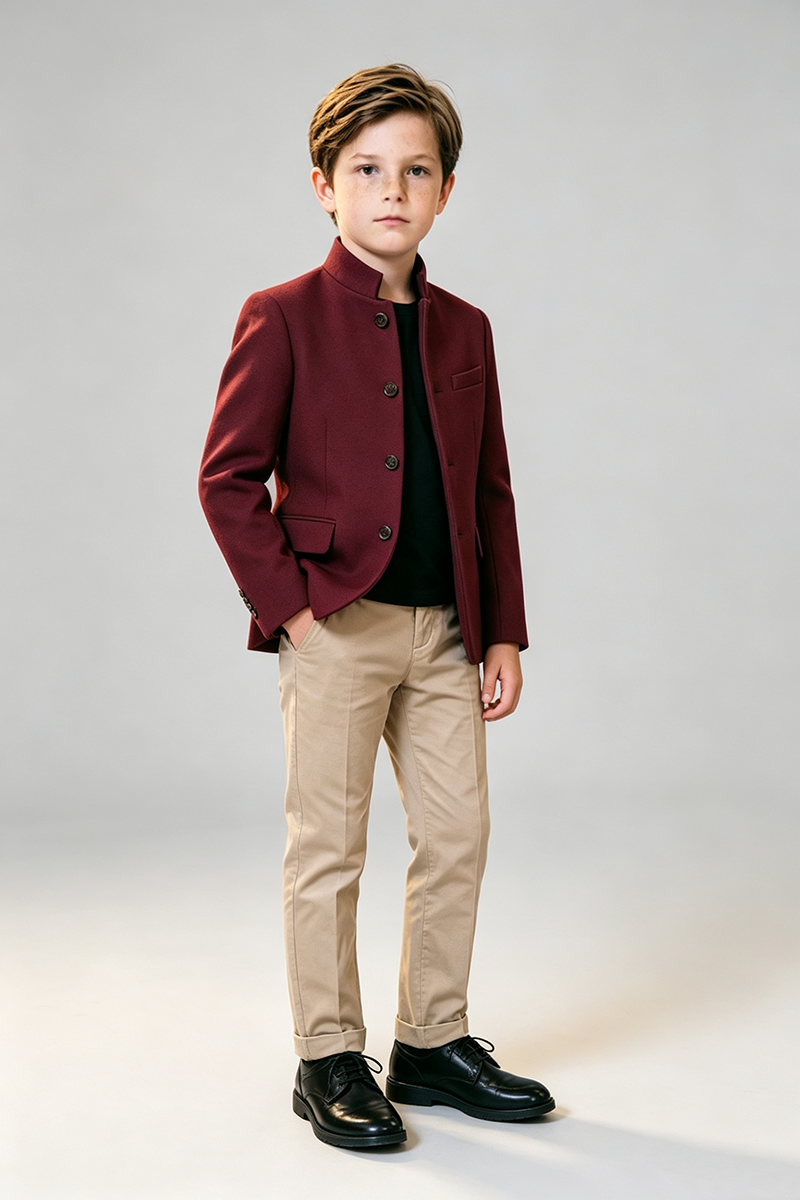 Boys Burgundy with Mandarin Stand Collar 2‑Piece Suit for Weddings