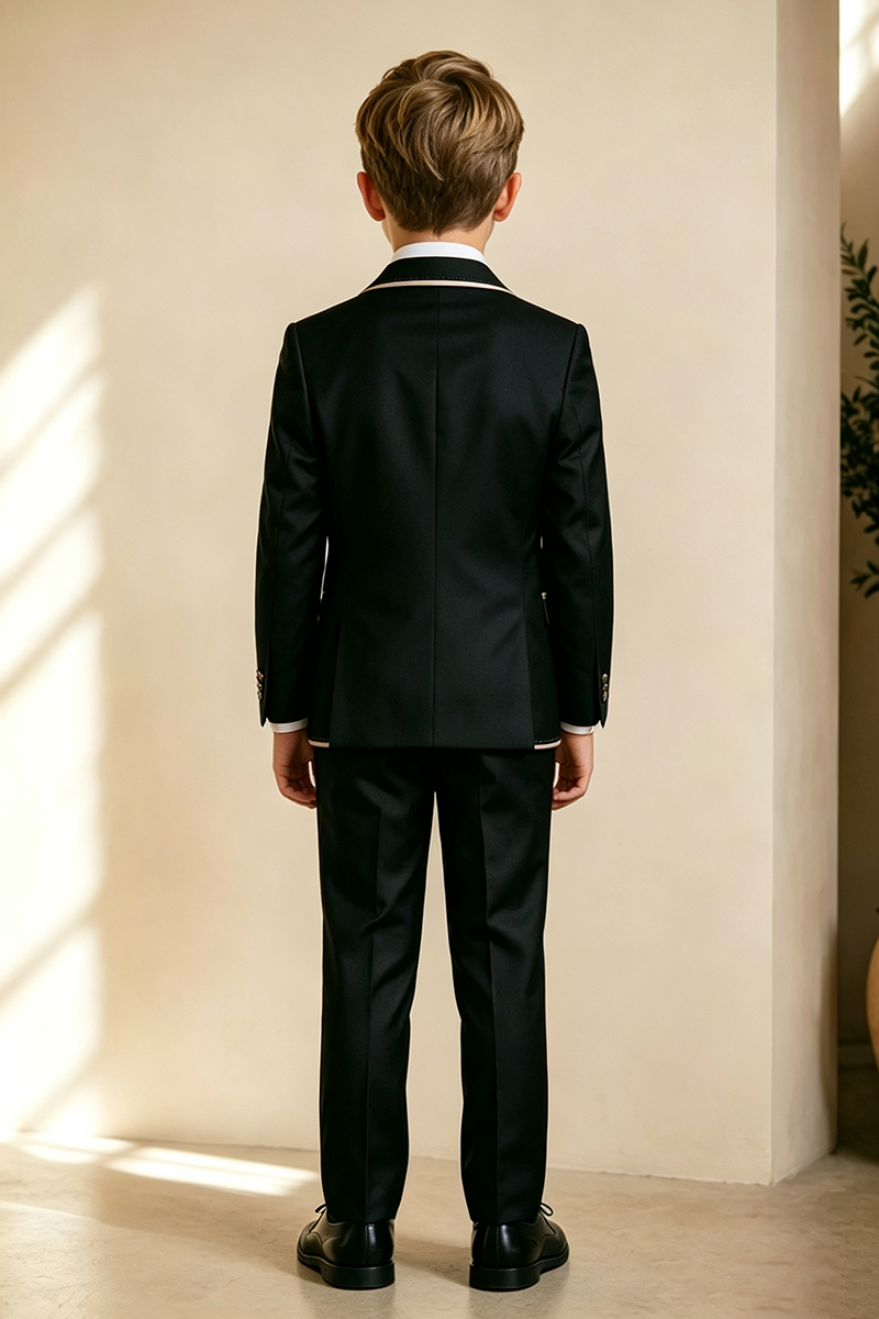 Boys Black with Champagne Piping Trim 3‑Piece Suit for Weddings