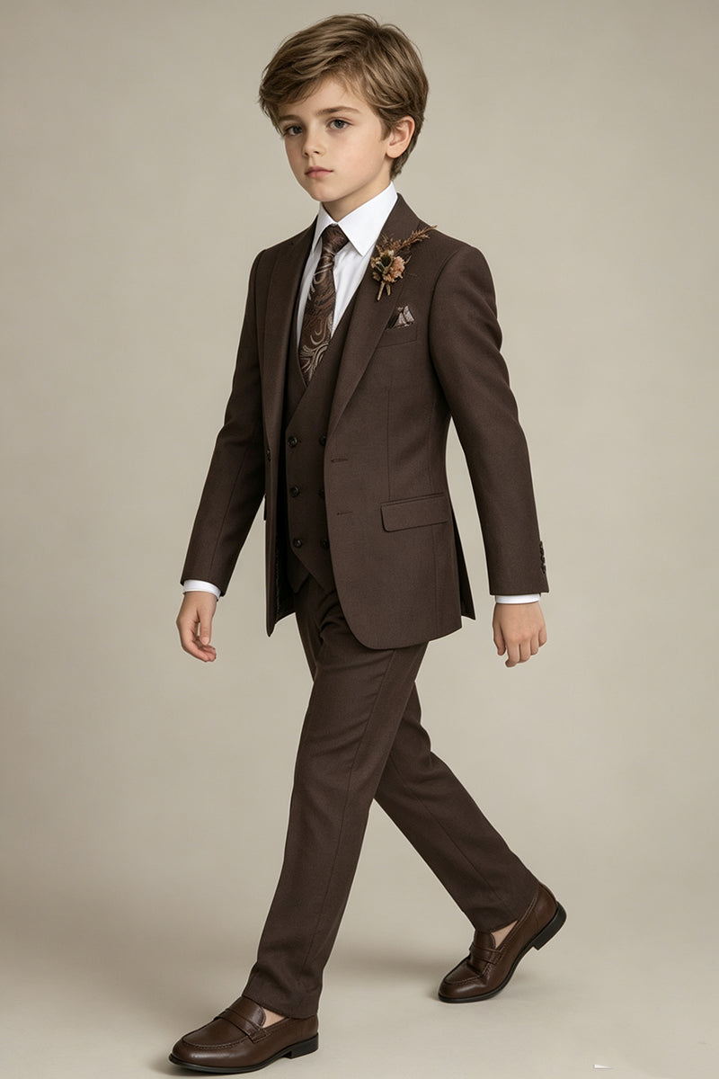 Boys Brown with Notch Lapel 3‑Piece Suit for Weddings