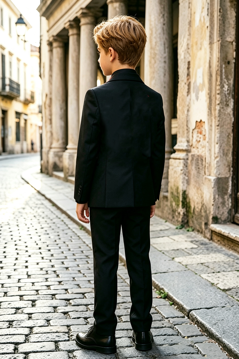 Boys Black with Glossy Red Peak Lapel 2‑Piece Suit for Weddings