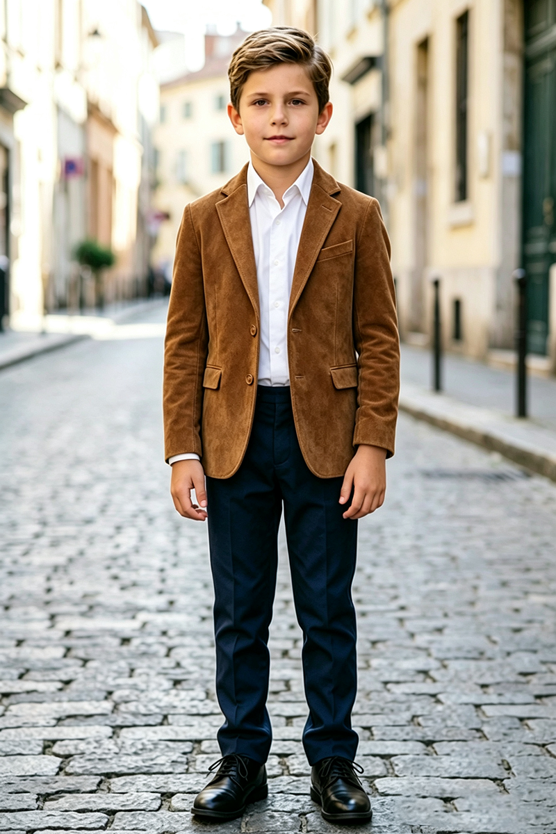 Boys Brown Suede Jacket & Navy Trousers 2‑Piece Suit for Weddings