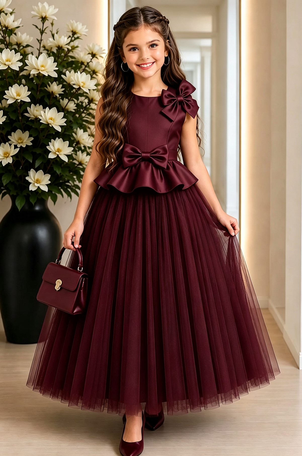 Black Satin 3D Bow Tulle A‑Line Formal Dress