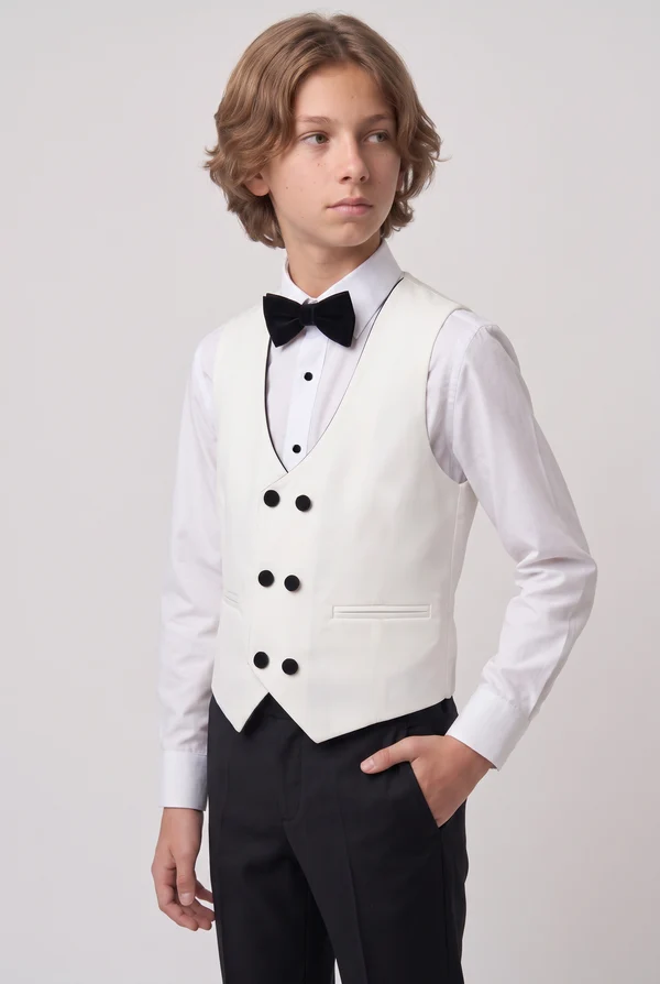 White & Black Contrast Velvet Lapel Single‑Breasted 3‑Piece Suit Set