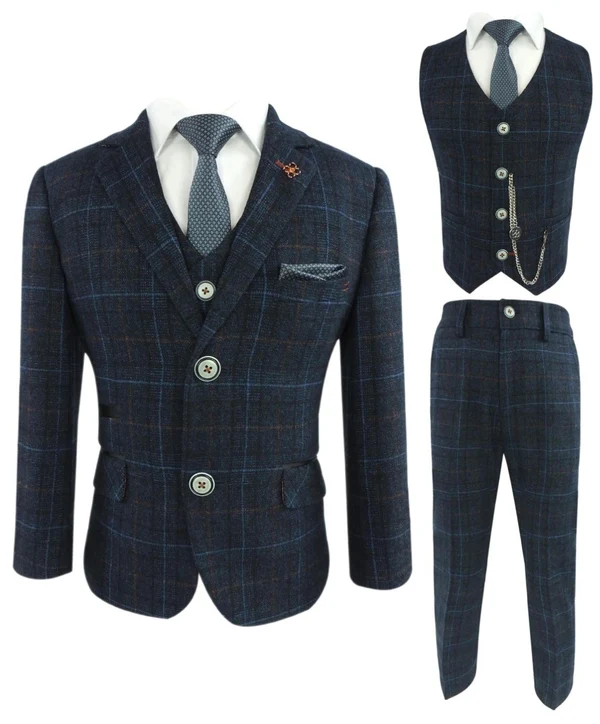 Navy Plaid Single‑Breasted Blend 3‑Piece Suit Set