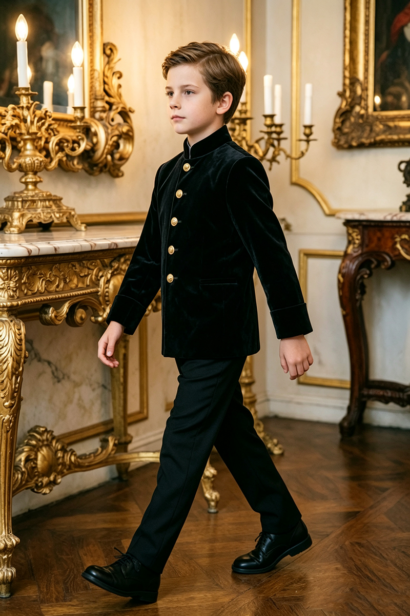 Boys Black Velvet with Mandarin Collar 2‑Piece Suit for Weddings