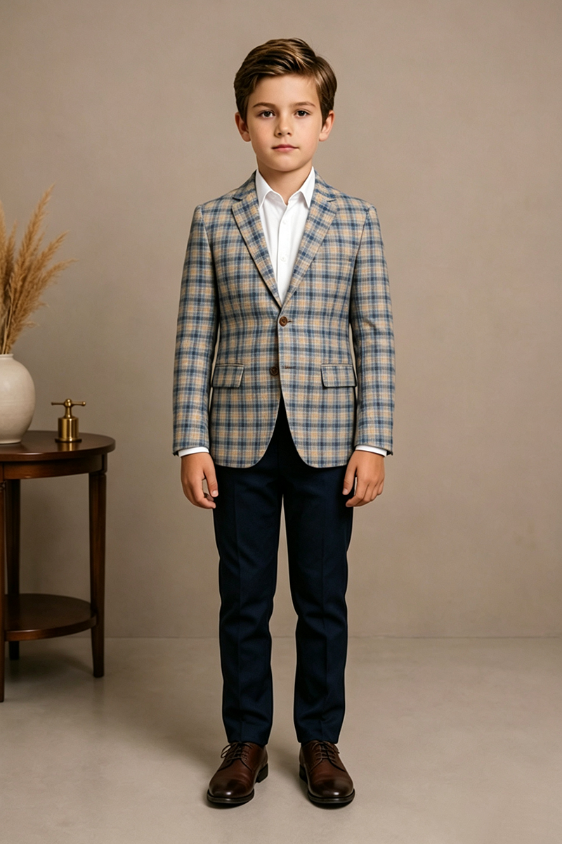 Boys Plaid Pattern with Classic Notch Lapel 2‑Piece Suit for Weddings