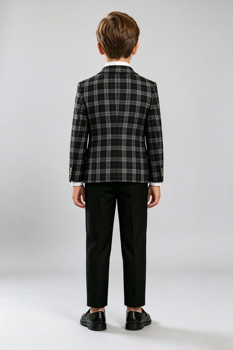 Boys Black & Grey Plaid 2‑Piece Suit for Weddings with Classic Notch Lapel