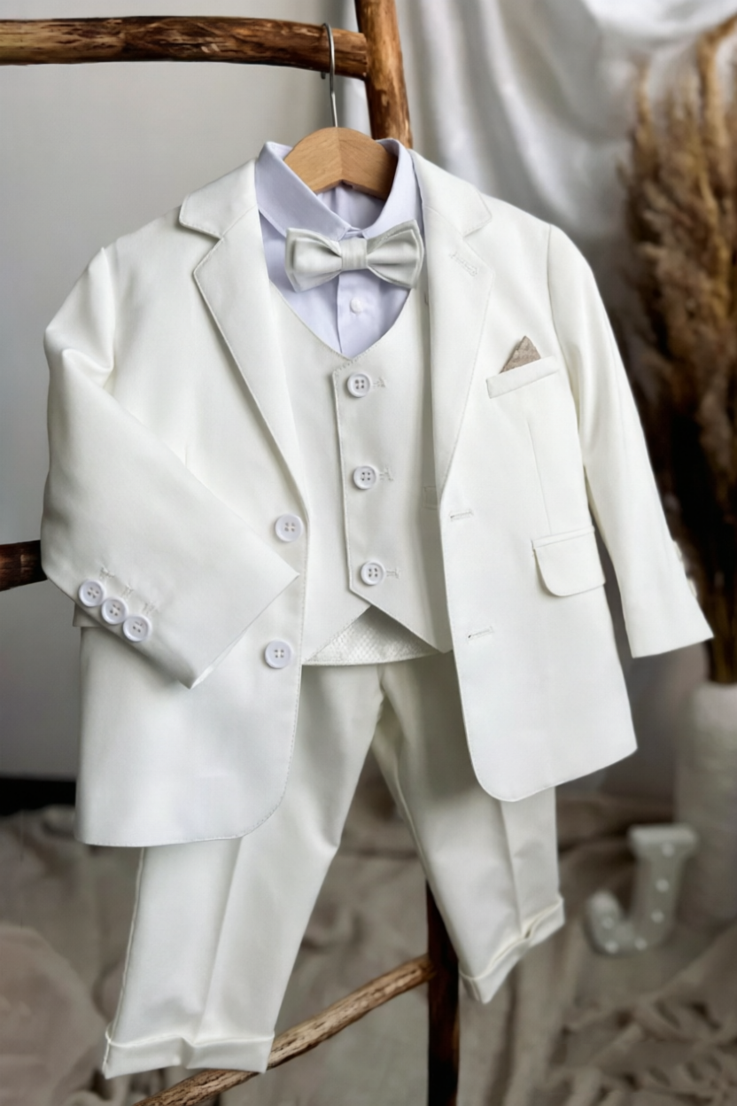 White Blend Single‑Breasted Basic Formal 3‑Piece Suit