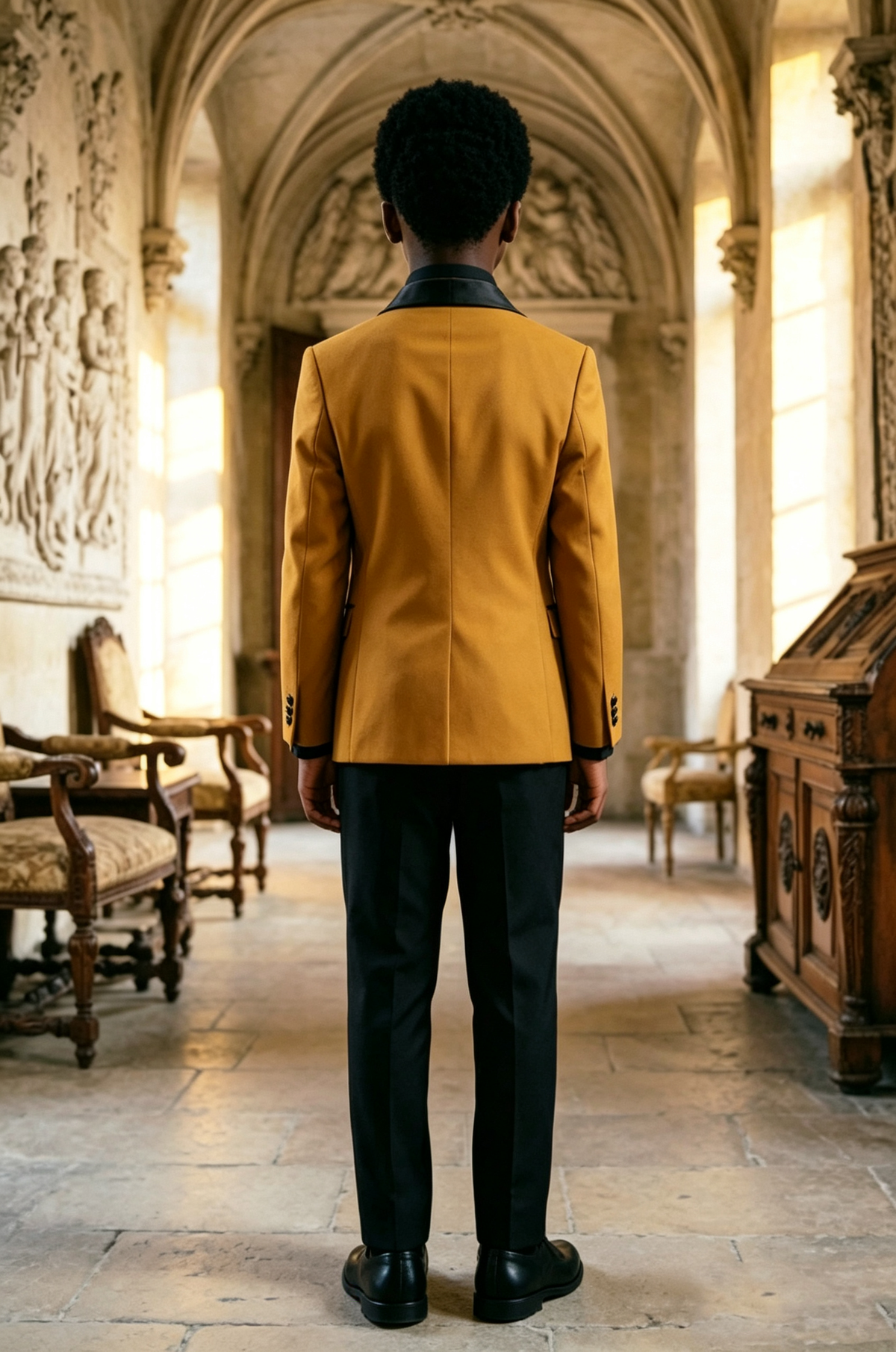 Mustard Yellow & Black Blended Double‑Breasted 2‑Piece Suit