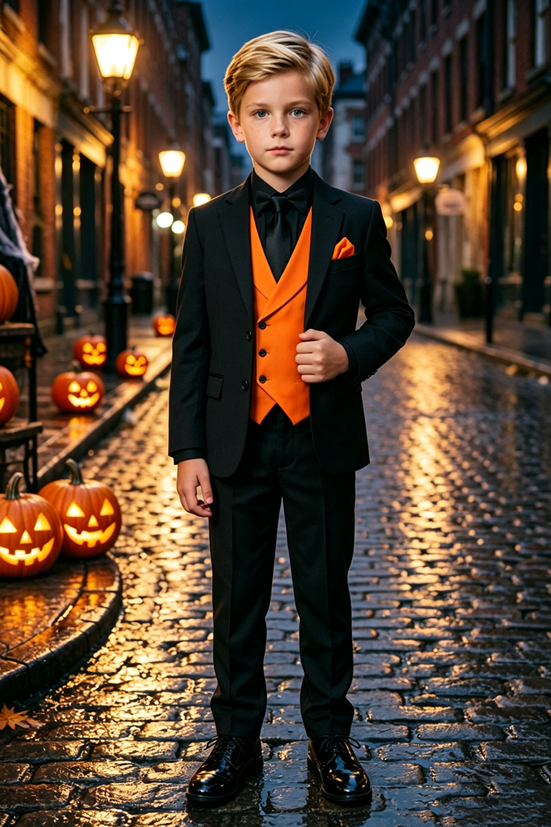 Boys Black with Contrast Orange Waistcoat 3‑Piece Suit