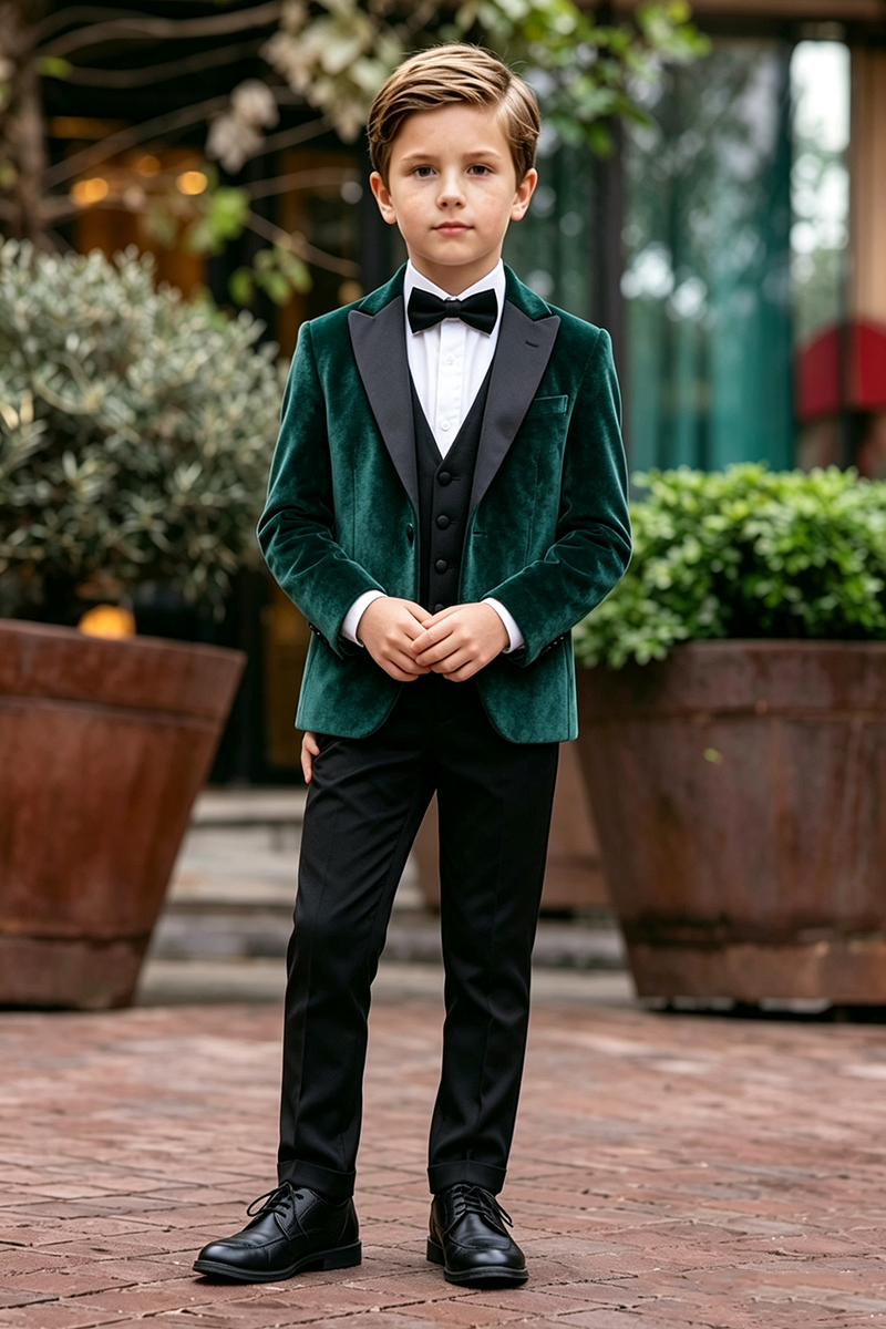 Boys Emerald Green Velve with Satin Lapel 3‑Piece Suit