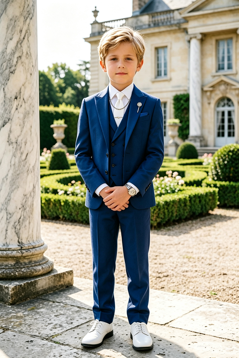 Boys Royal Blue with Classic Notch Lapel 3‑Piece Suit for Weddings
