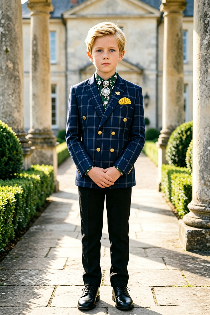 Boys Navy Plaid with Double‑Breaste 2‑Piece Suit for Weddings