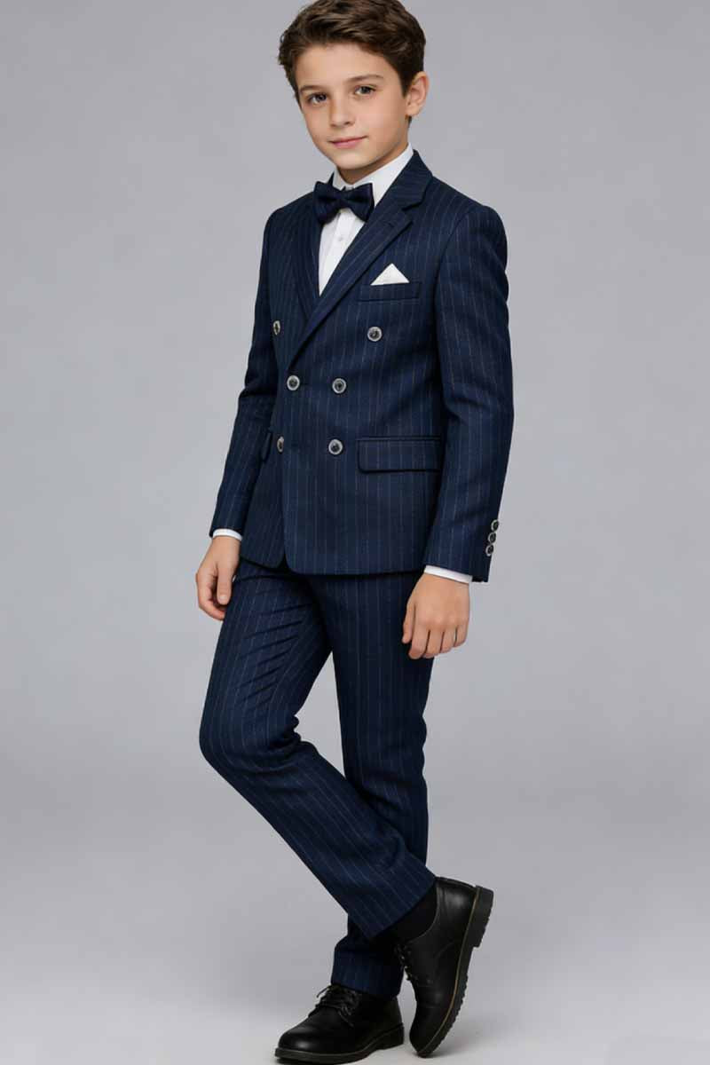 Boys Navy Pinstripe Double-Breasted Suit for Weddings