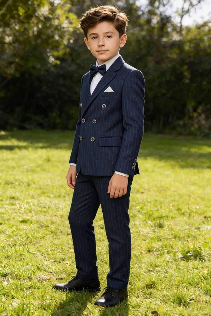Boys Navy Pinstripe Double-Breasted Suit for Weddings