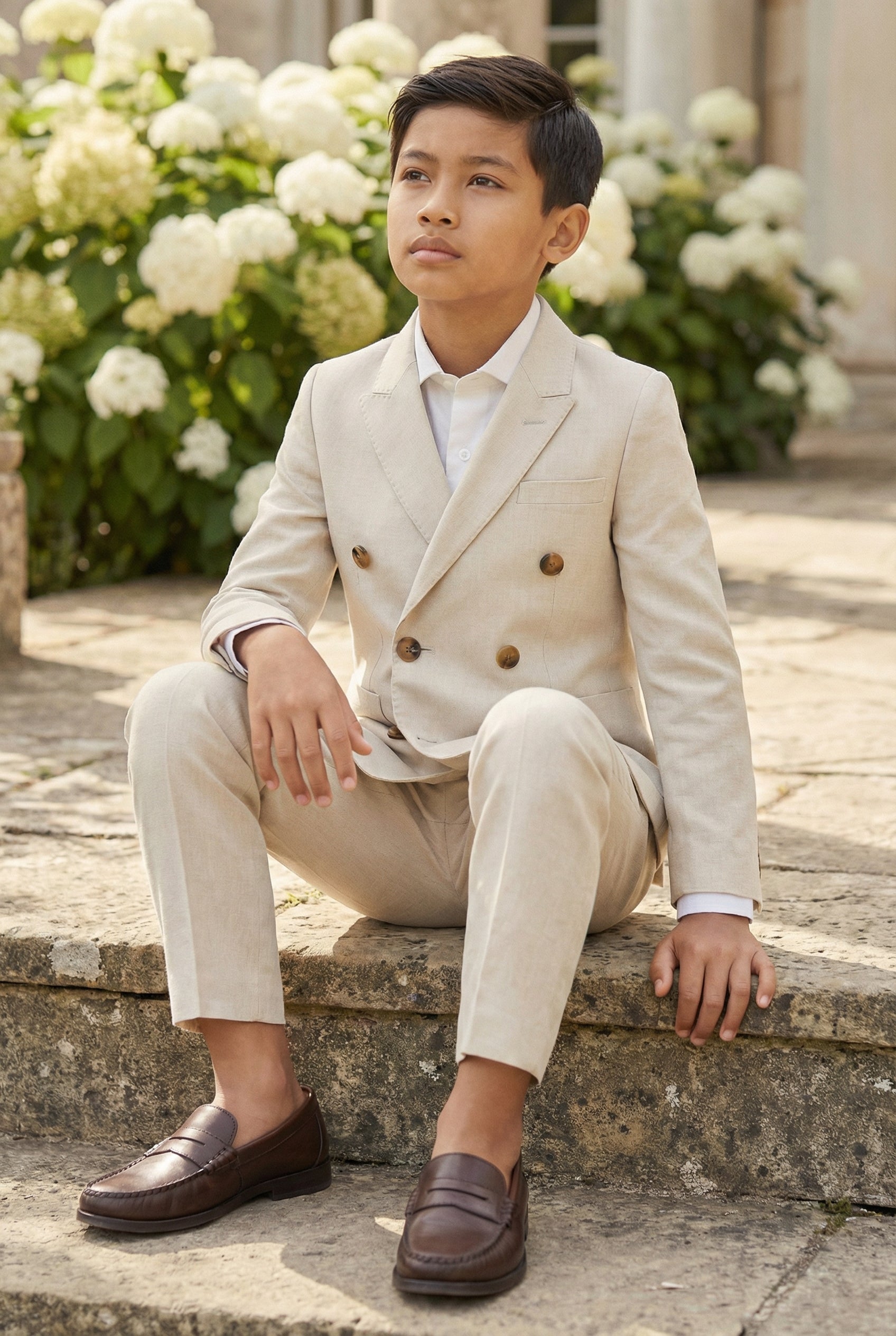 Boys Beige Double-Breasted 2PCS Suit for Weddings