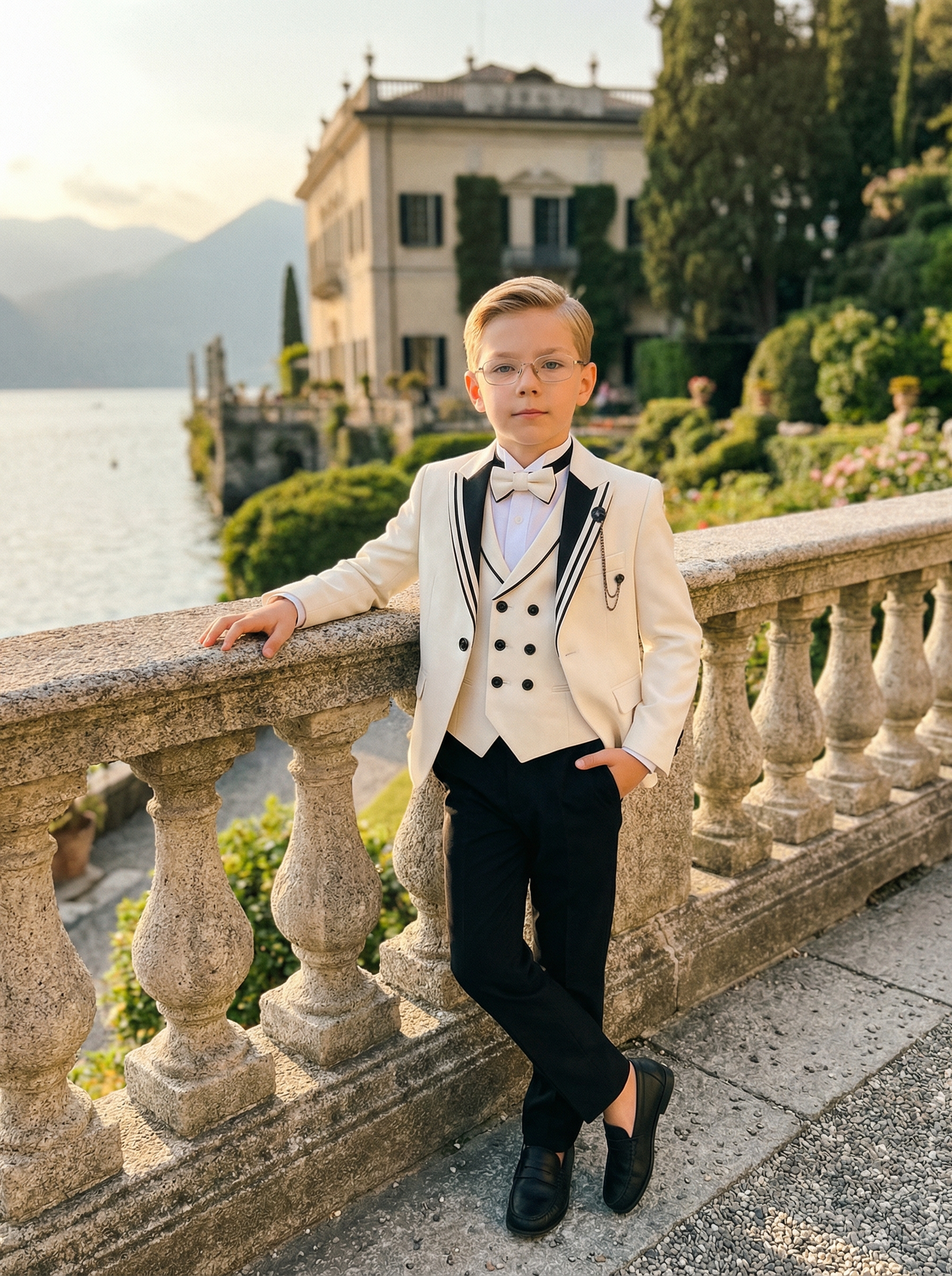 Boys Ivory Tuxedo for Weddings with Contrast Trim 3-Piece Suit