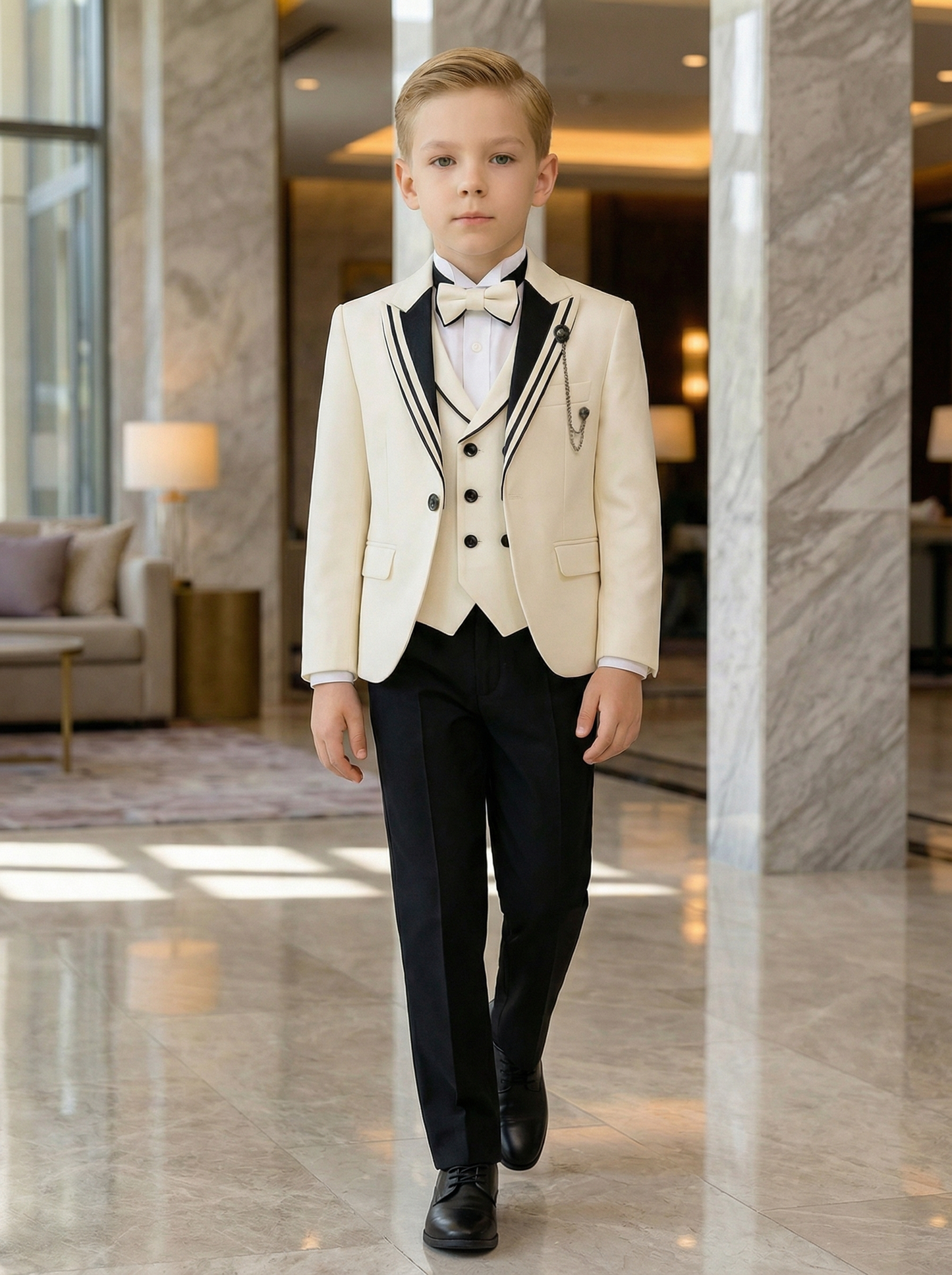 Boys Ivory Tuxedo for Weddings with Contrast Trim 3-Piece Suit
