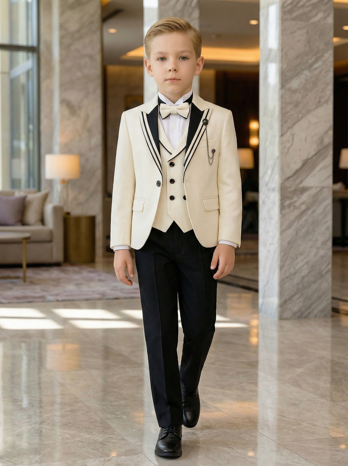 Boys Ivory Tuxedo for Weddings with Contrast Trim 3-Piece Suit