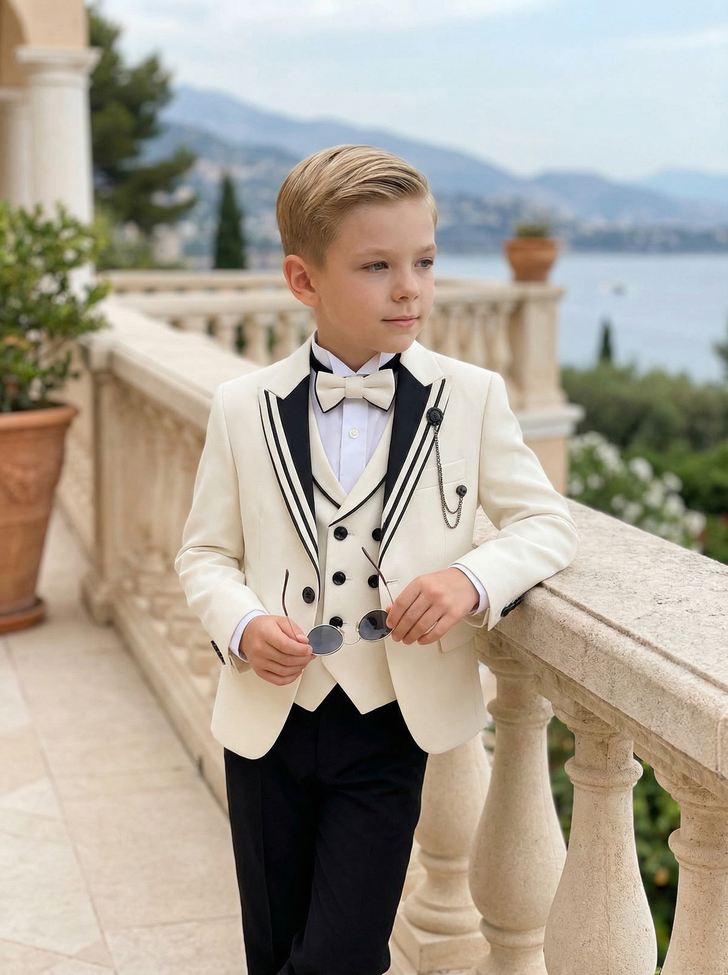 Boys Ivory Tuxedo for Weddings with Contrast Trim 3-Piece Suit