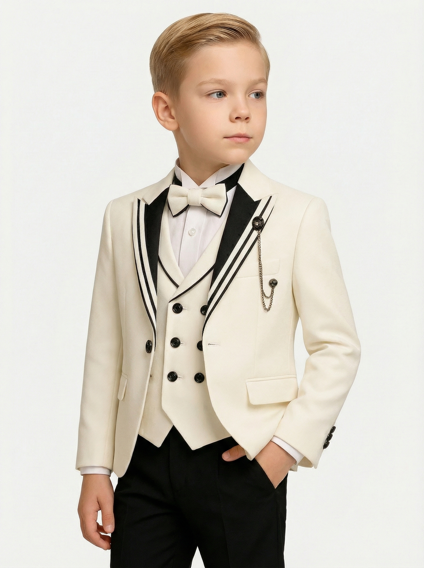 Boys Ivory Tuxedo for Weddings with Contrast Trim 3-Piece Suit